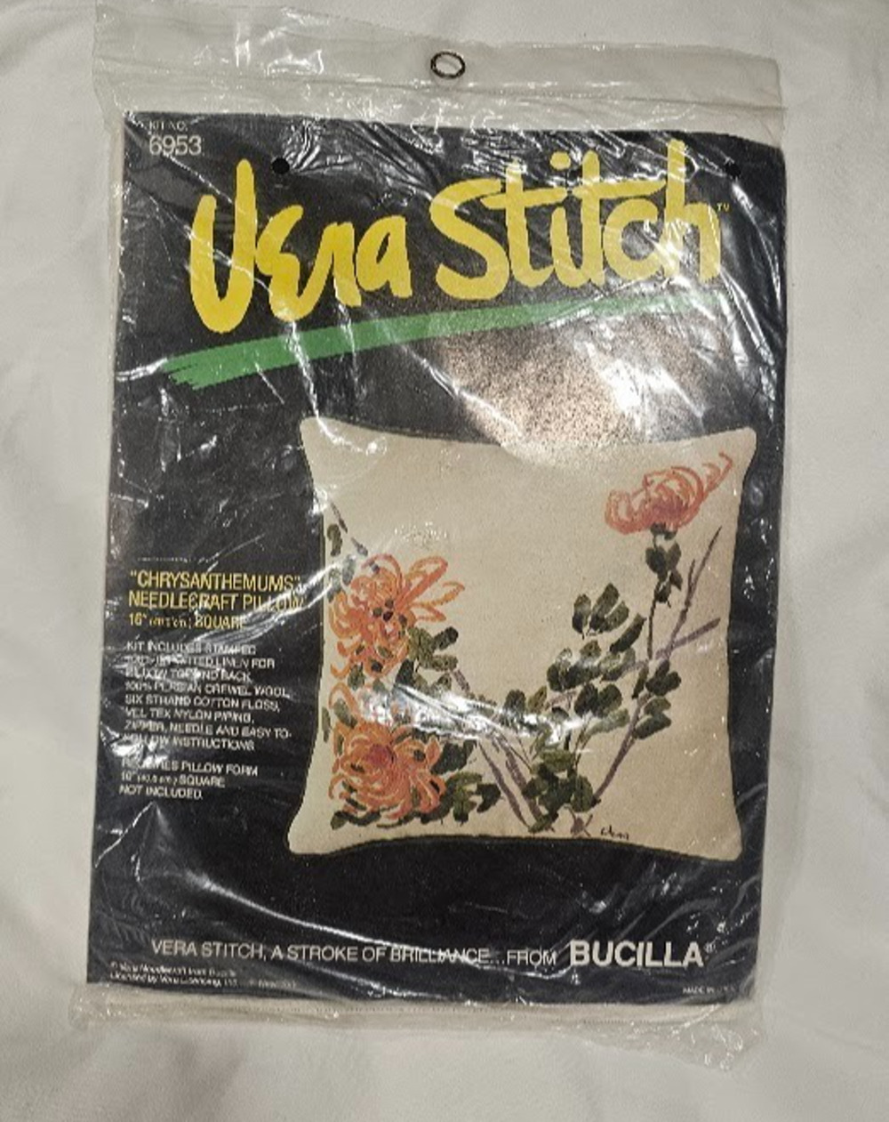 VTG Bucilla Vera Stitch Needlecraft Chrysanthemum 16" Pillow Embroidery Kit 6953